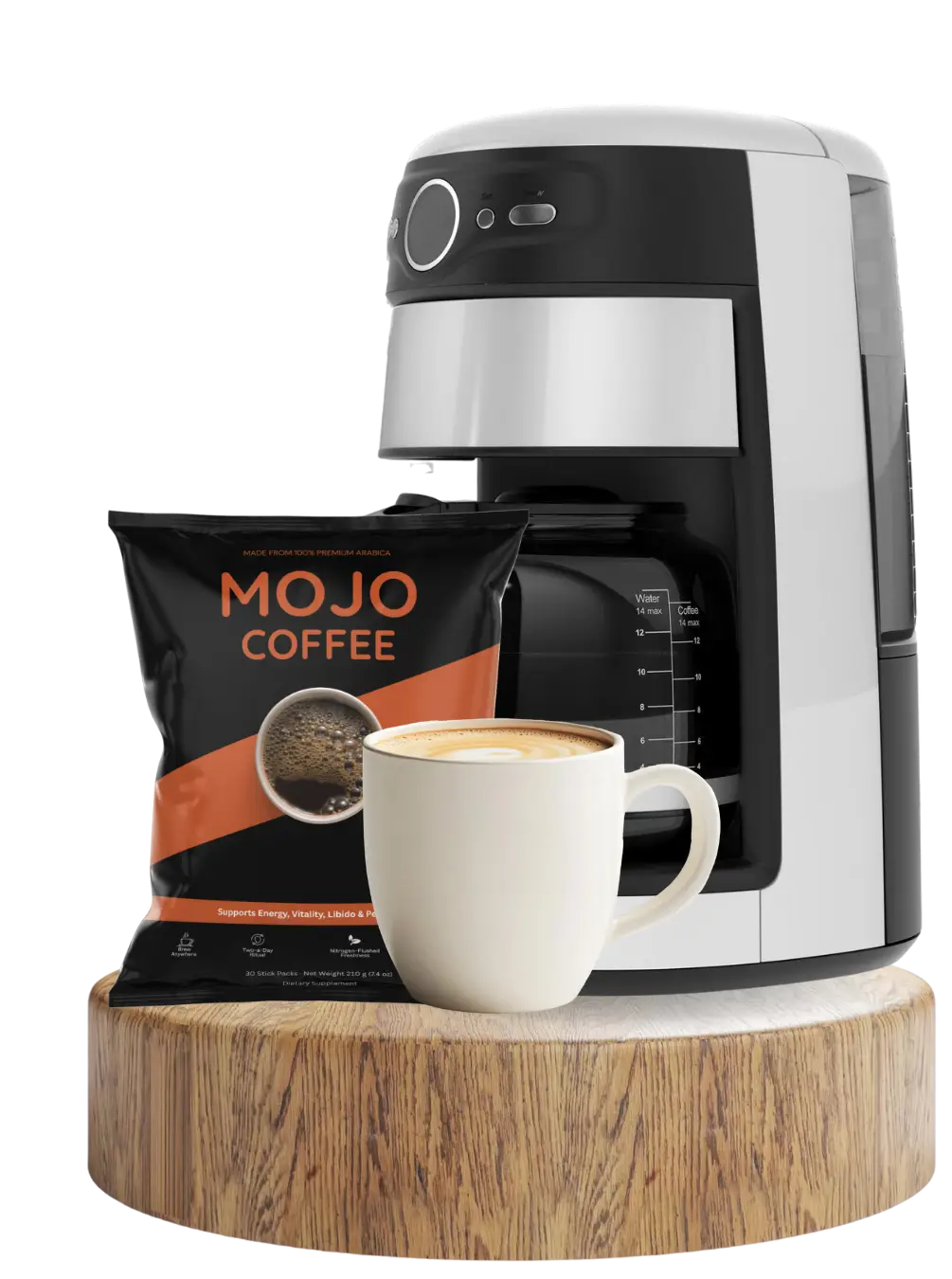 Mojo Coffee stick pack and brewed cup beside a coffee maker